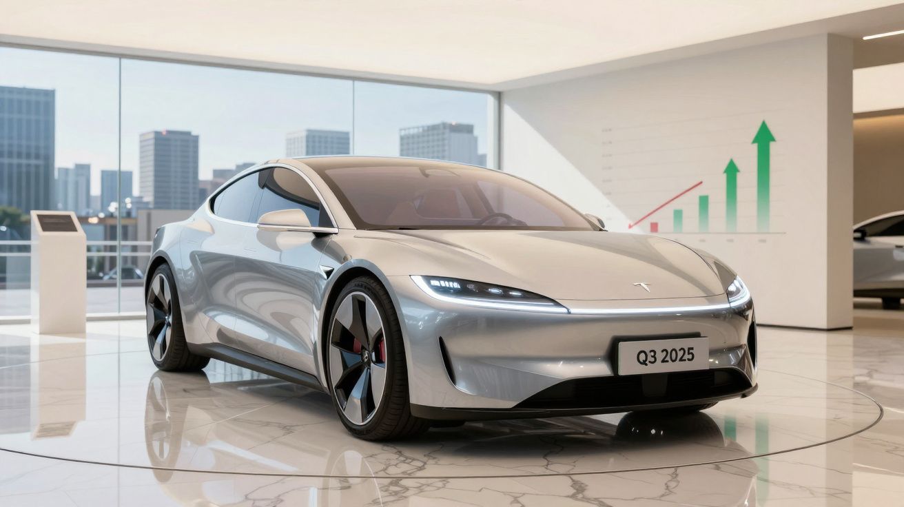 Carro elétrico prateado Tesla Q3 2025 em exposição numa sala moderna com gráficos de crescimento ao fundo.