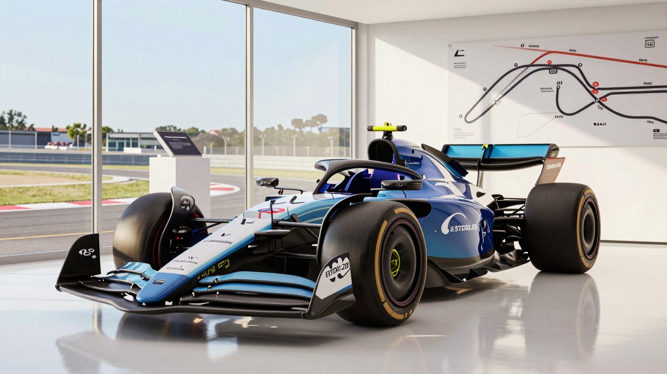 Carro de Fórmula 1 azul e preto exposto numa sala com vista para pista de corrida.