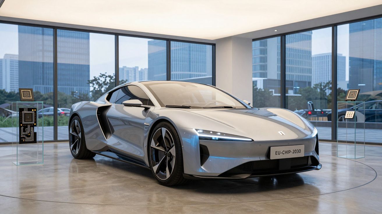 Carro desportivo elétrico prateado futurista exposto numa sala com paredes de vidro e vista urbana.