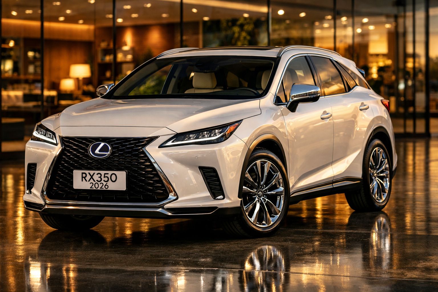 Veículo Lexus RX 350 branco estacionado em interior com luz ambiente quente e reflexos no chão molhado.