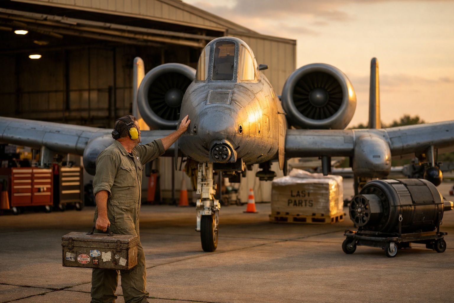 Homem com protetor auricular e caixa de ferramentas ao lado de avião militar em hangar ao pôr do sol.
