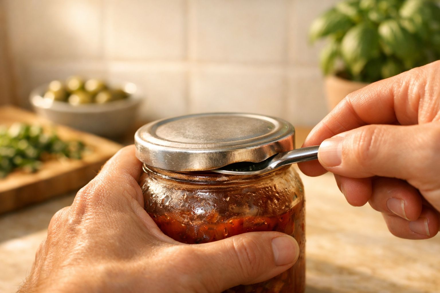Mãos a abrir um frasco de vidro com uma colher numa cozinha, com temperos desfocados ao fundo.