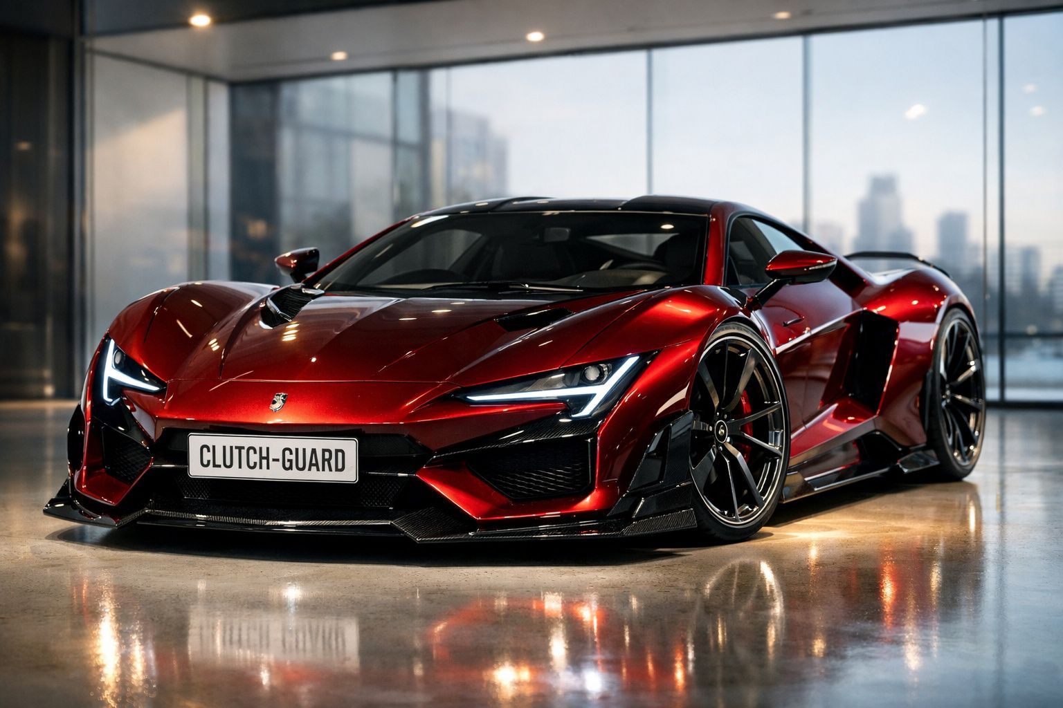 Carro desportivo vermelho com design aerodinâmico e luzes LED modernas em vidro refletor.