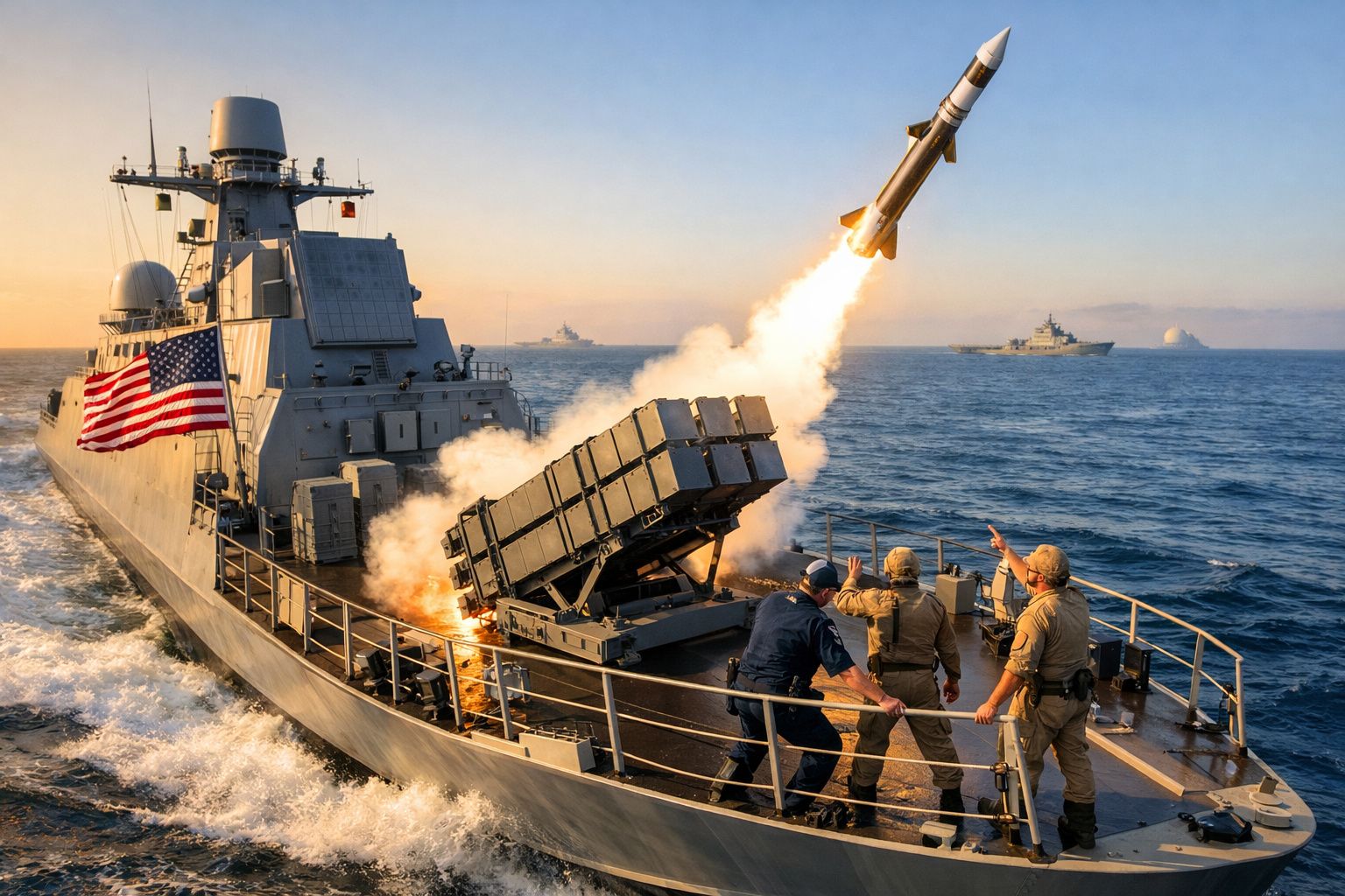 Navio de guerra dos EUA lançando míssil no mar com tripulantes em ação durante pôr do sol.