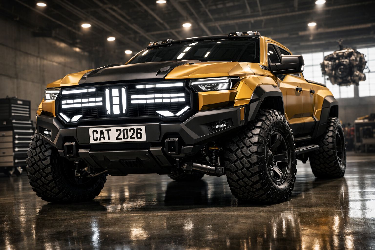 Pick-up robusta amarela, com pneus todo-o-terreno e iluminação dianteira moderna, em garagem industrial.