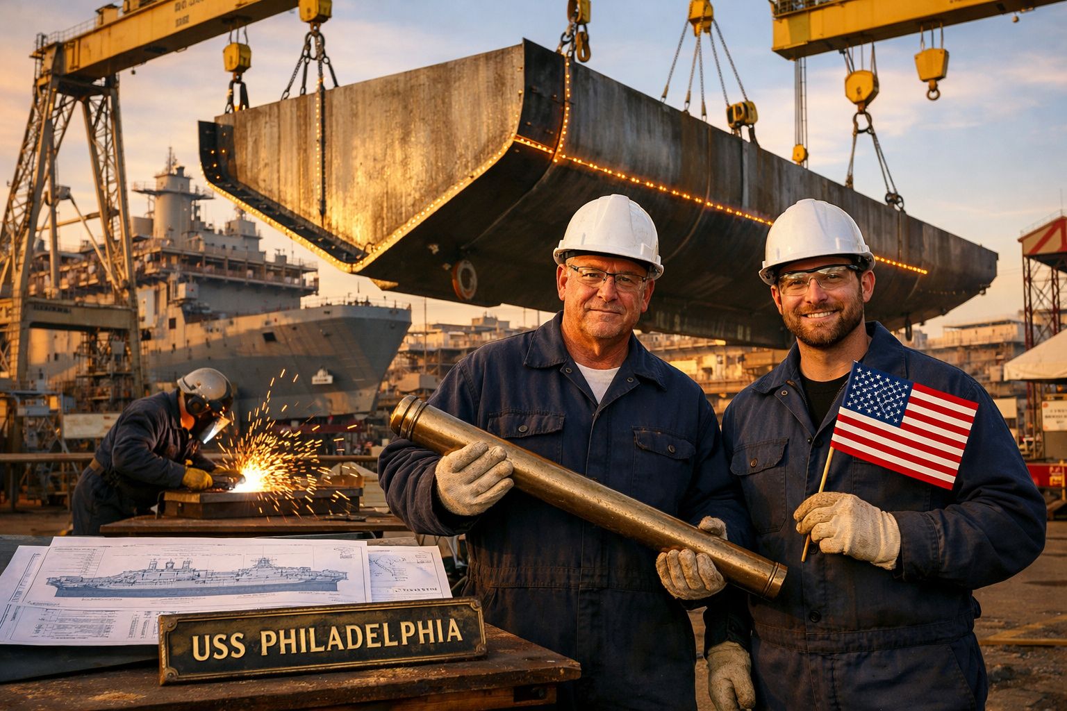 Dois trabalhadores com capacetes em estaleiro naval seguram tubo e bandeira dos EUA, com maquete e soldador ao fundo.