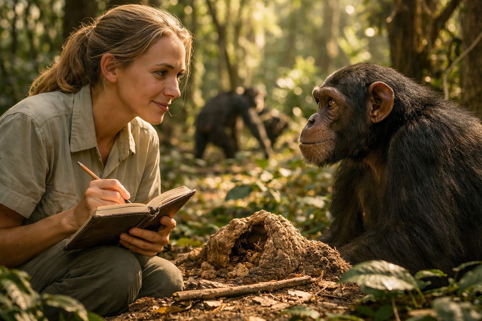 Mulher a observar um chimpanzé enquanto toma notas numa floresta densa.