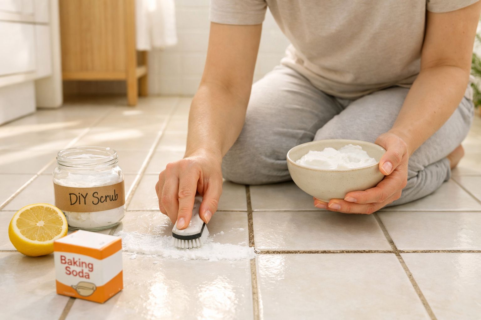 Pessoa a limpar azulejos brancos com escova, bicarbonato de sódio e limão num chão interior.