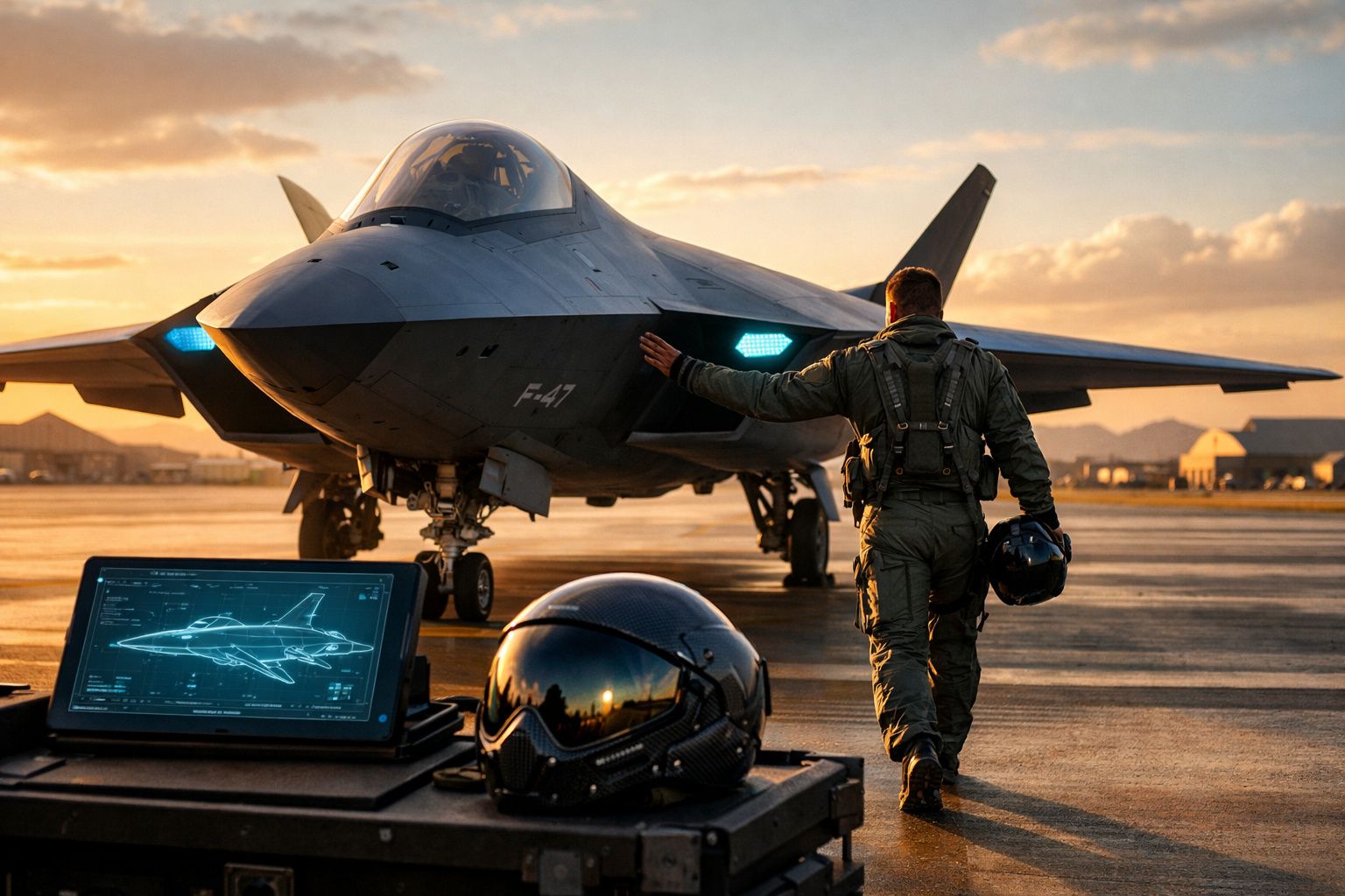 Piloto de avião de caça aproxima-se de F-47 ao pôr do sol numa pista de aeroporto militar.