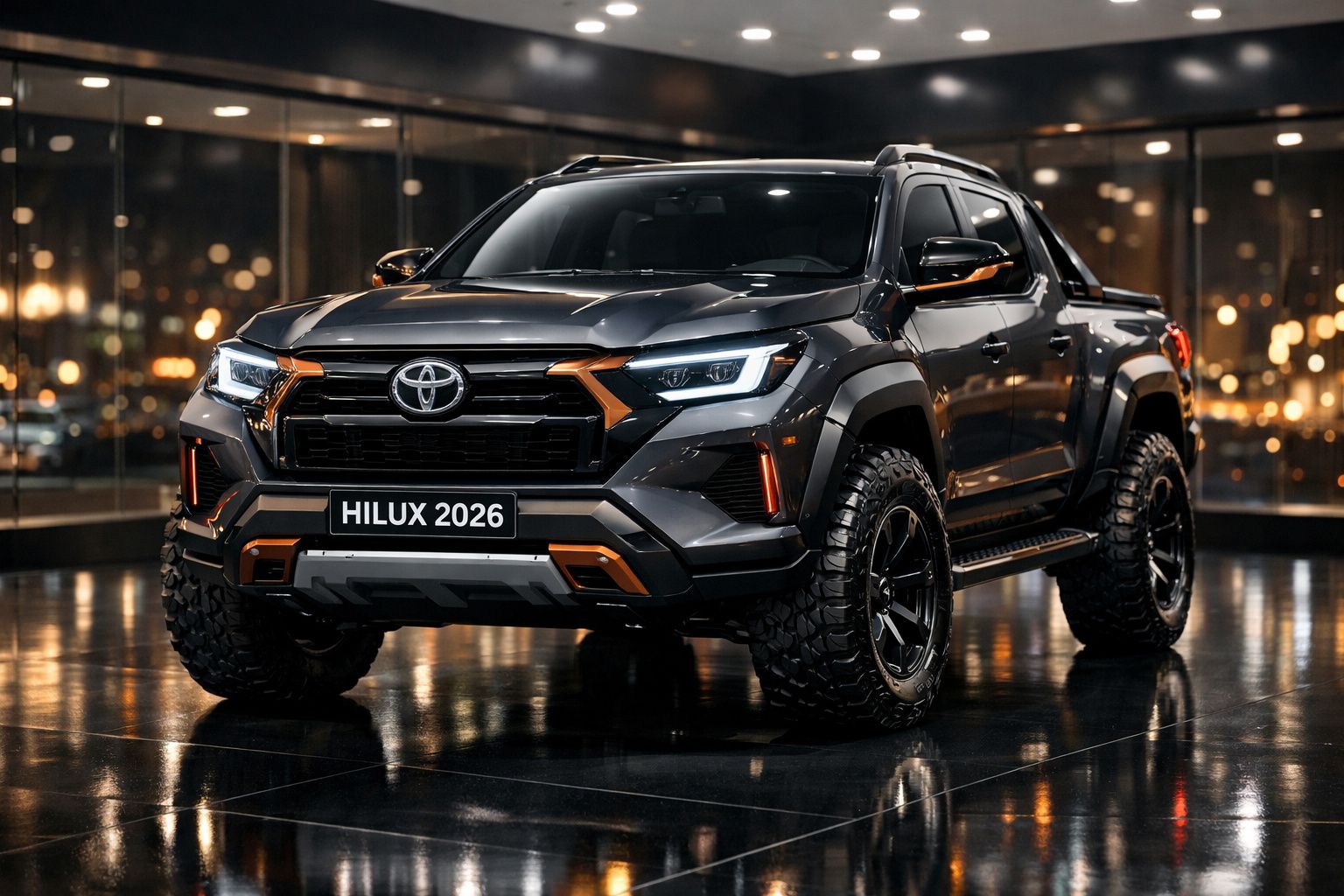 Toyota Hilux 2026 preto com detalhes laranja, para-choques robustos e pneus todo-o-terreno em ambiente urbano noturno.