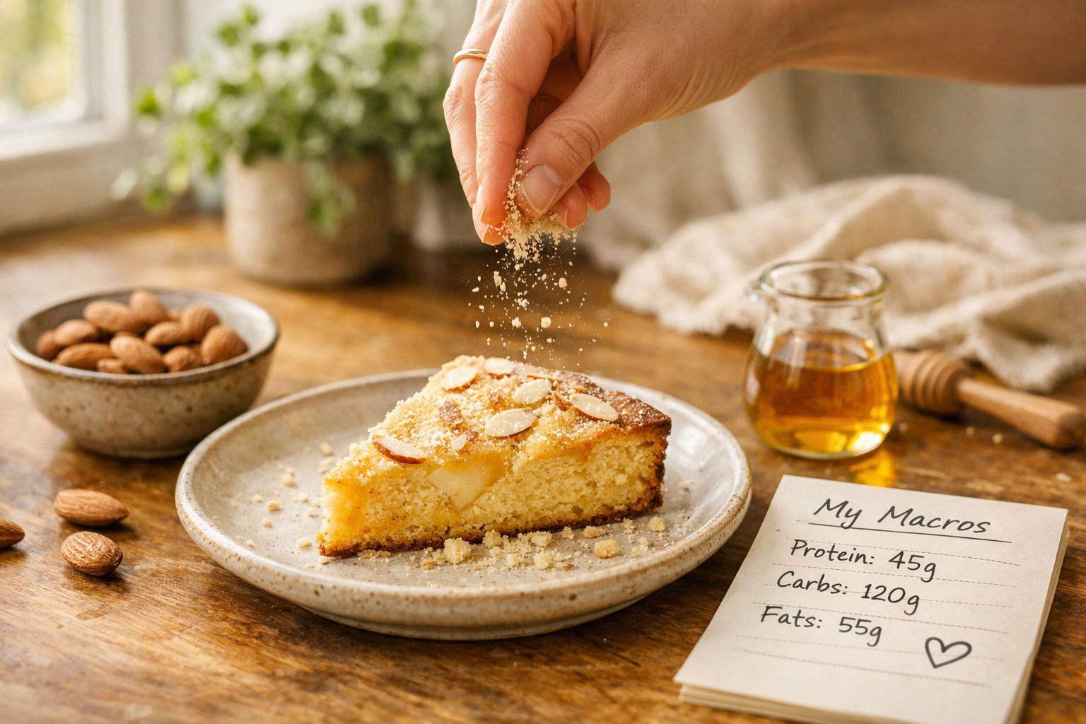 Fatia de bolo com amêndoas num prato, mão a polvilhar açúcar, jarra de mel e nota com macros.