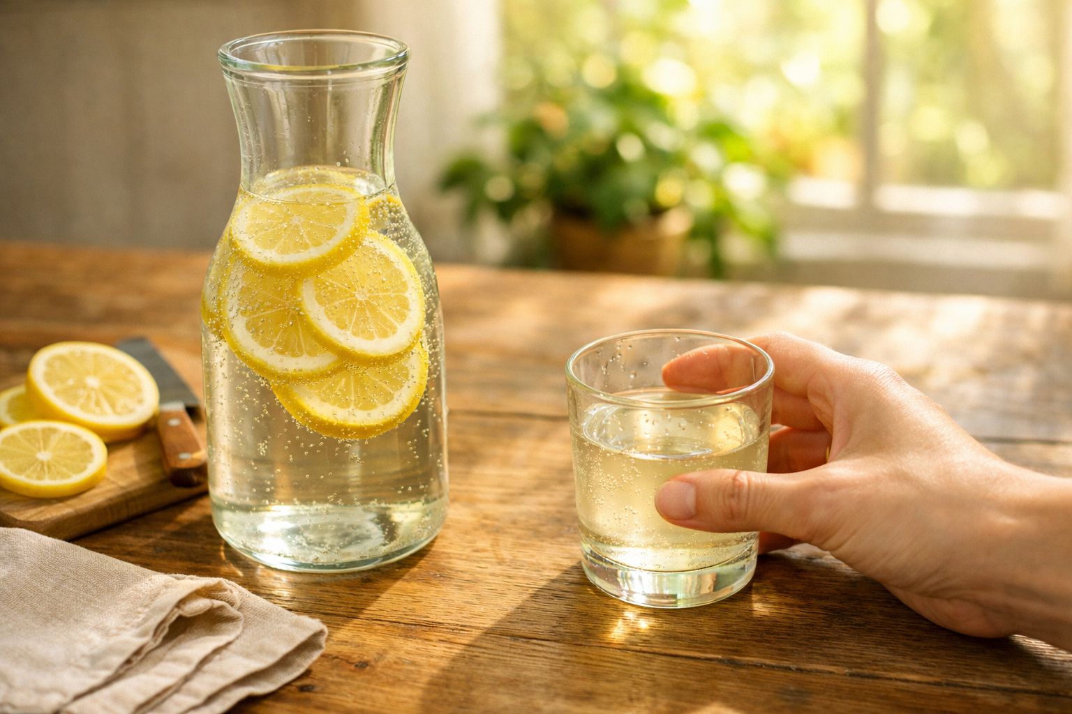 Mão segurando copo com água e rodelas de limão, jarro com água e limão numa mesa de madeira iluminada.