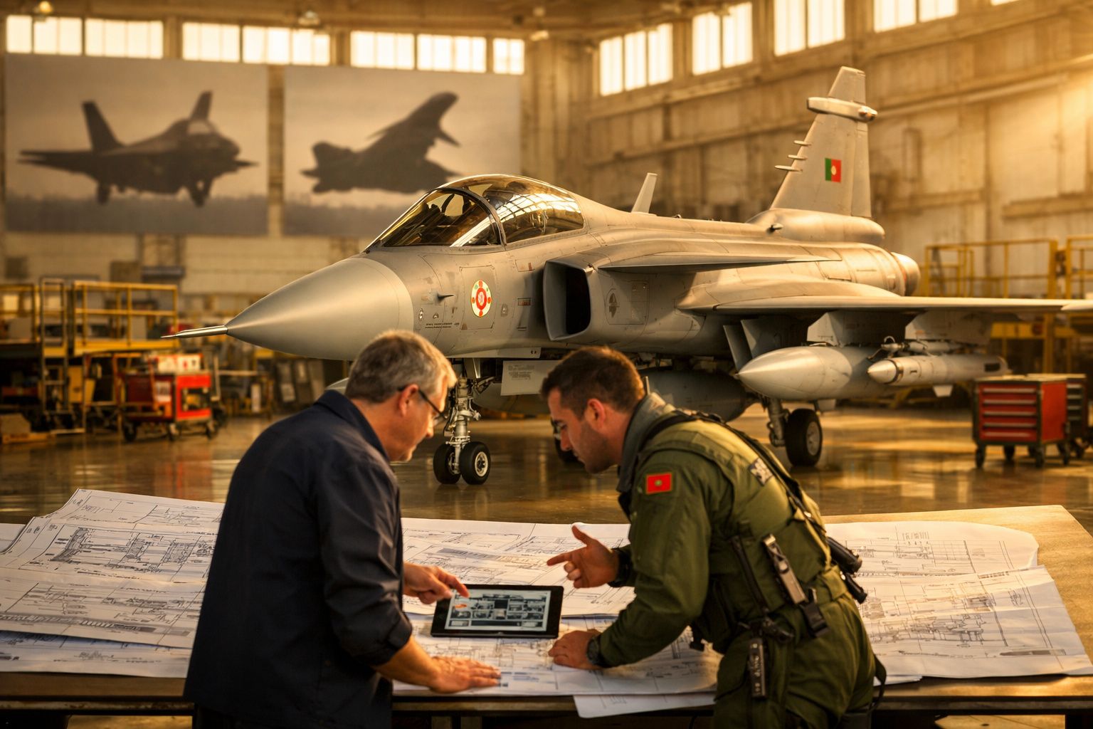 Dois homens analisam plantas e um tablet numa oficina com um avião militar português ao fundo.