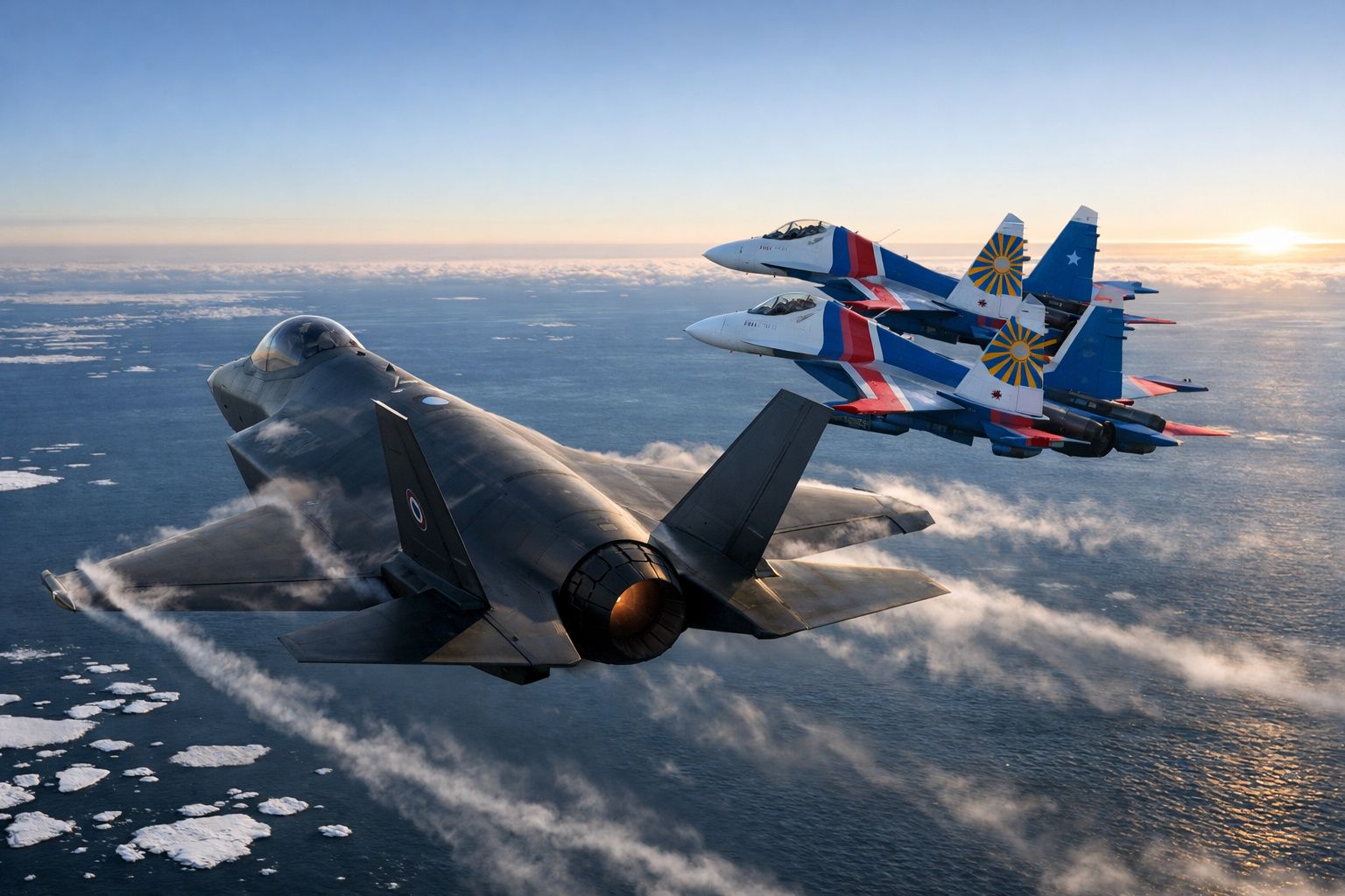 Três aviões de caça em formação a sobrevoar o oceano durante o pôr do sol.