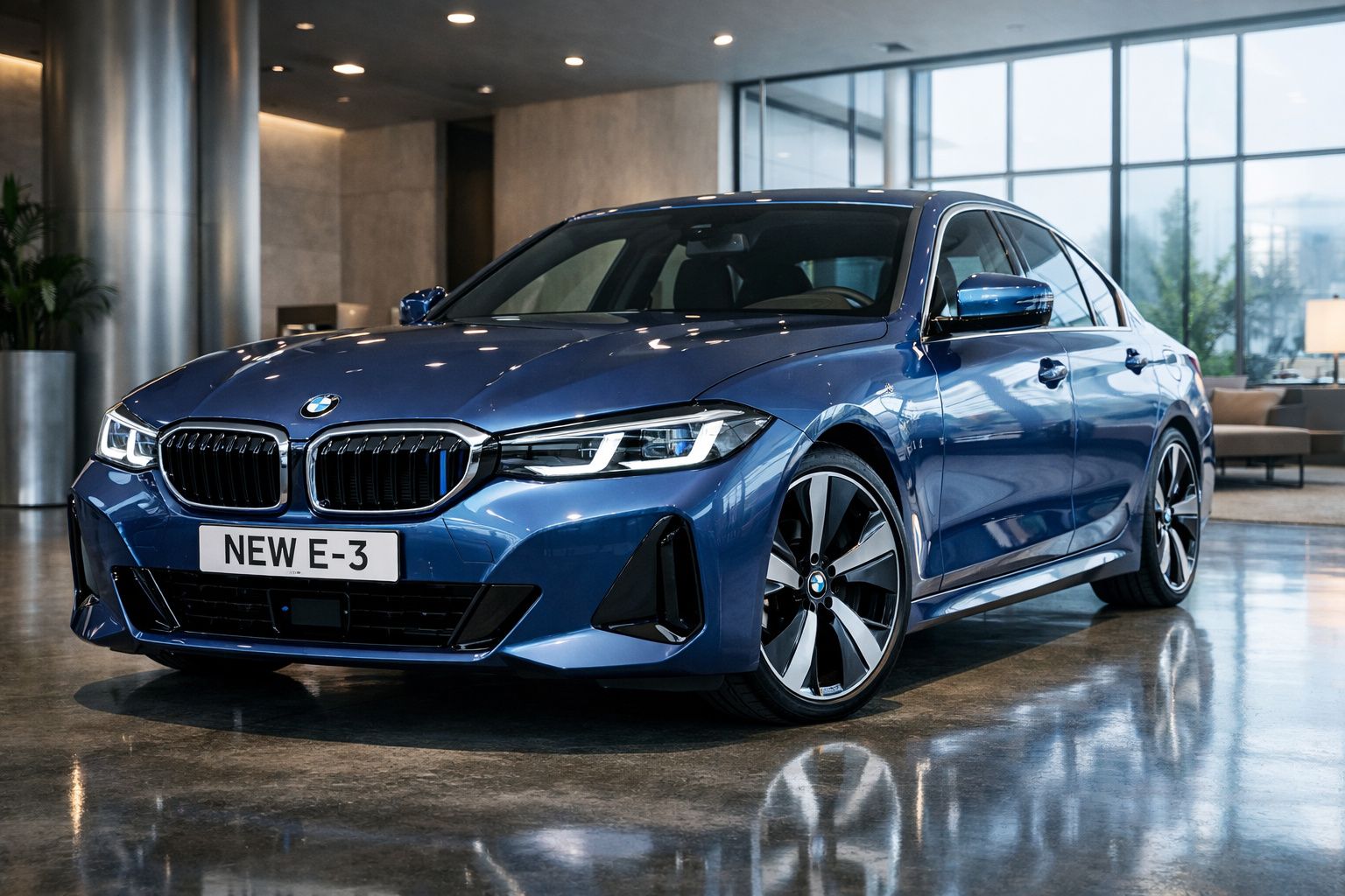 Automóvel BMW azul estacionado em interior moderno com chão espelhado e janelas amplas.