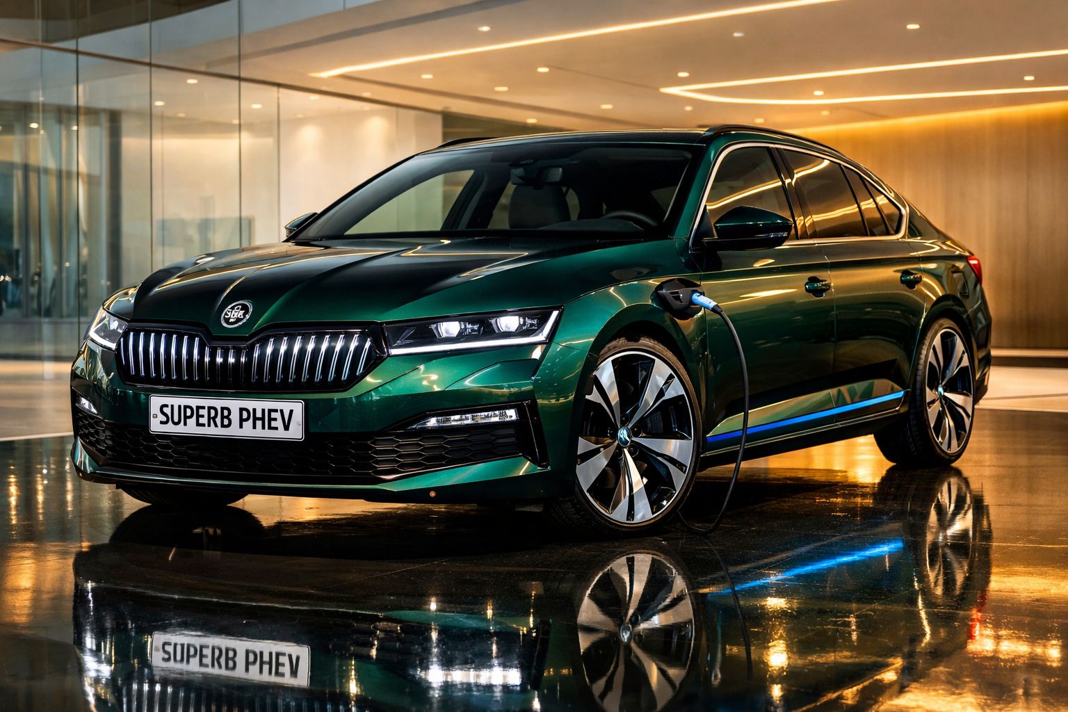 Carro elétrico verde metálico a carregar, modelo Skoda Superb PHEV, em espaço interior moderno e iluminado.