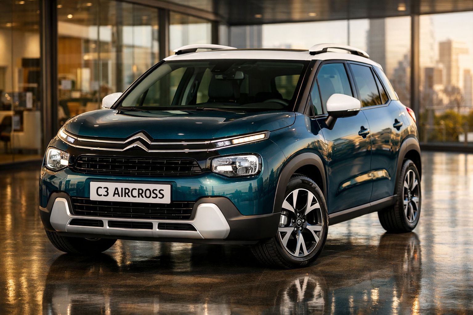 Carro Citroën C3 Aircross azul metálico estacionado em piso brilhante com fundo de edifícios modernos.