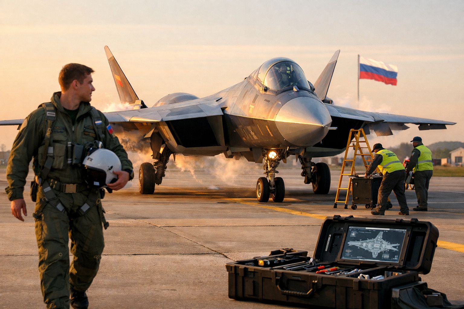 Avião de combate na pista com piloto e técnicos russos, bandeira da Rússia ao fundo ao pôr do sol.