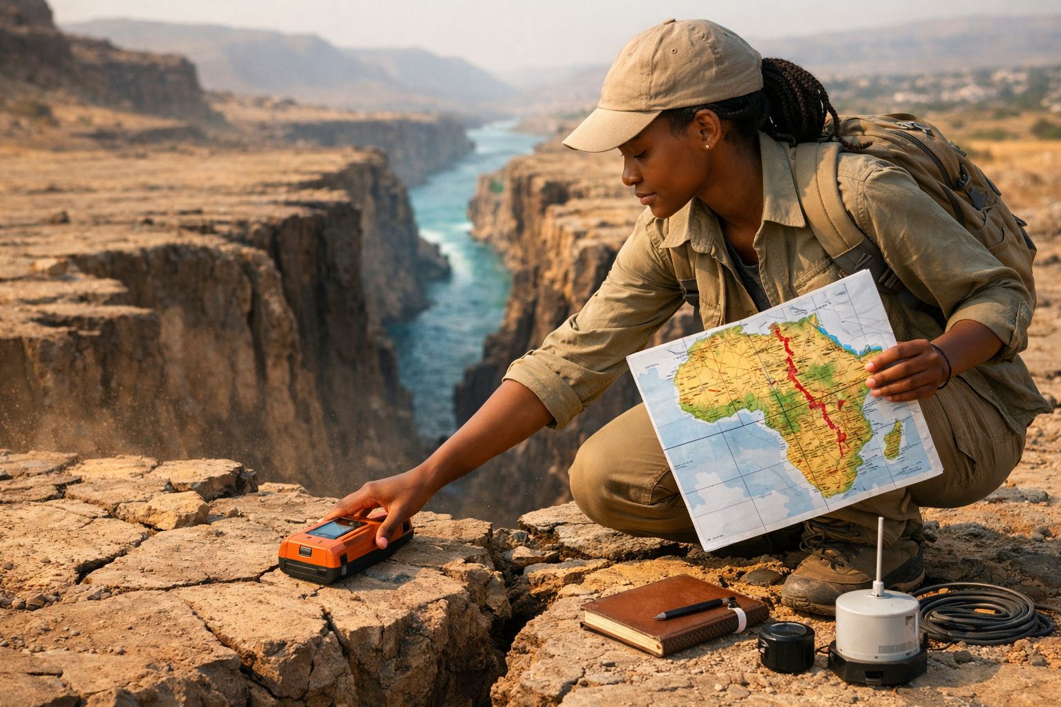 Exploradora segura equipamento geográfico junto a ravina, segurando mapa de África com rota marcada.