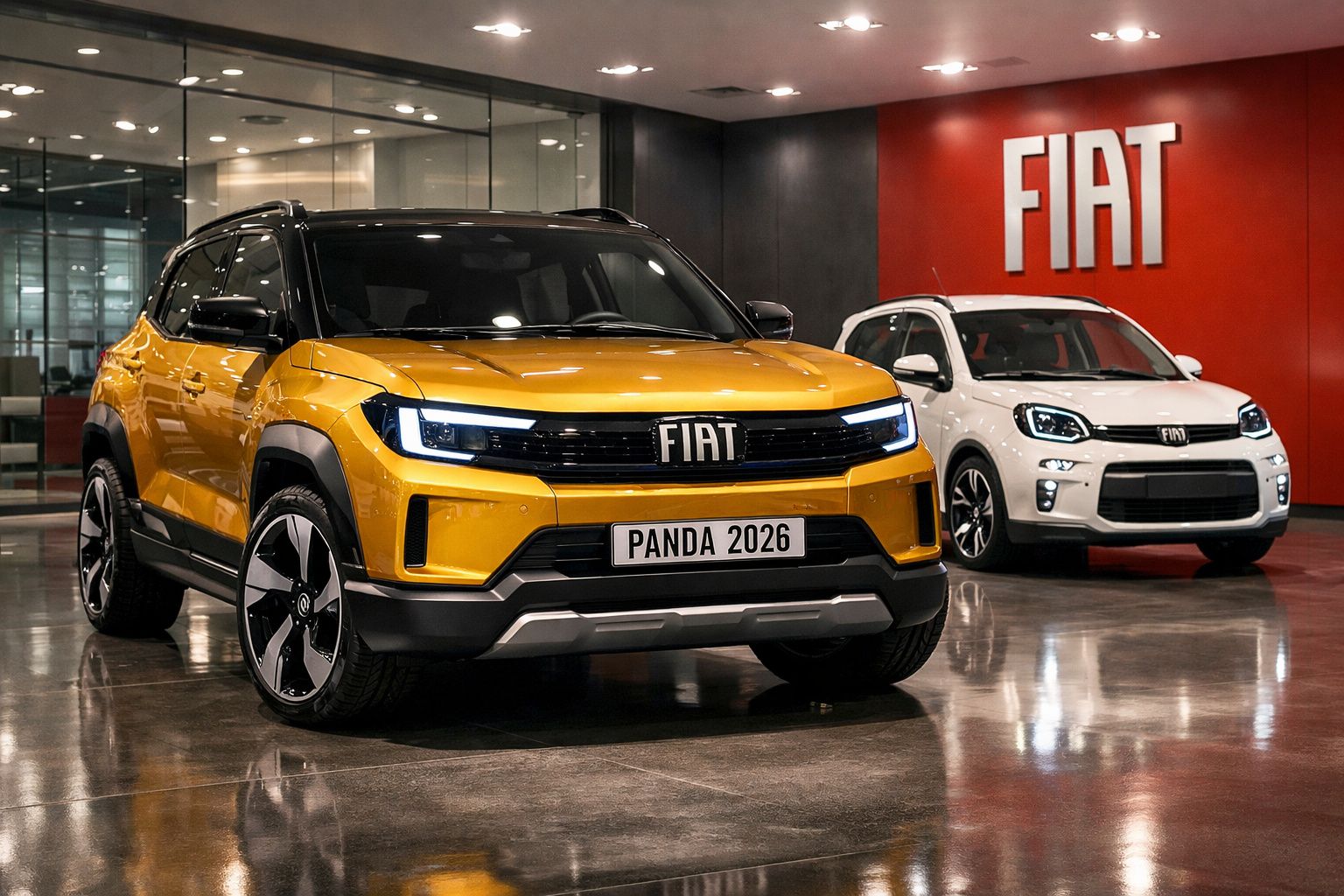 Dois carros Fiat Panda 2026 em exposição, um amarelo à frente e outro branco ao fundo, num showroom com parede vermelha.