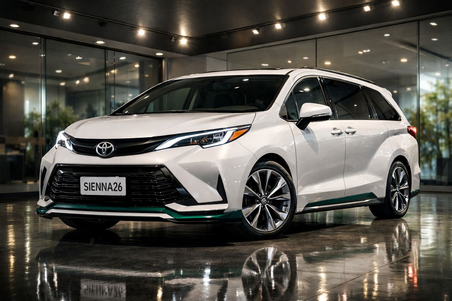 Minivan Toyota Sienna branca estacionada em interior moderno com chão reflexivo e iluminação ambiente.