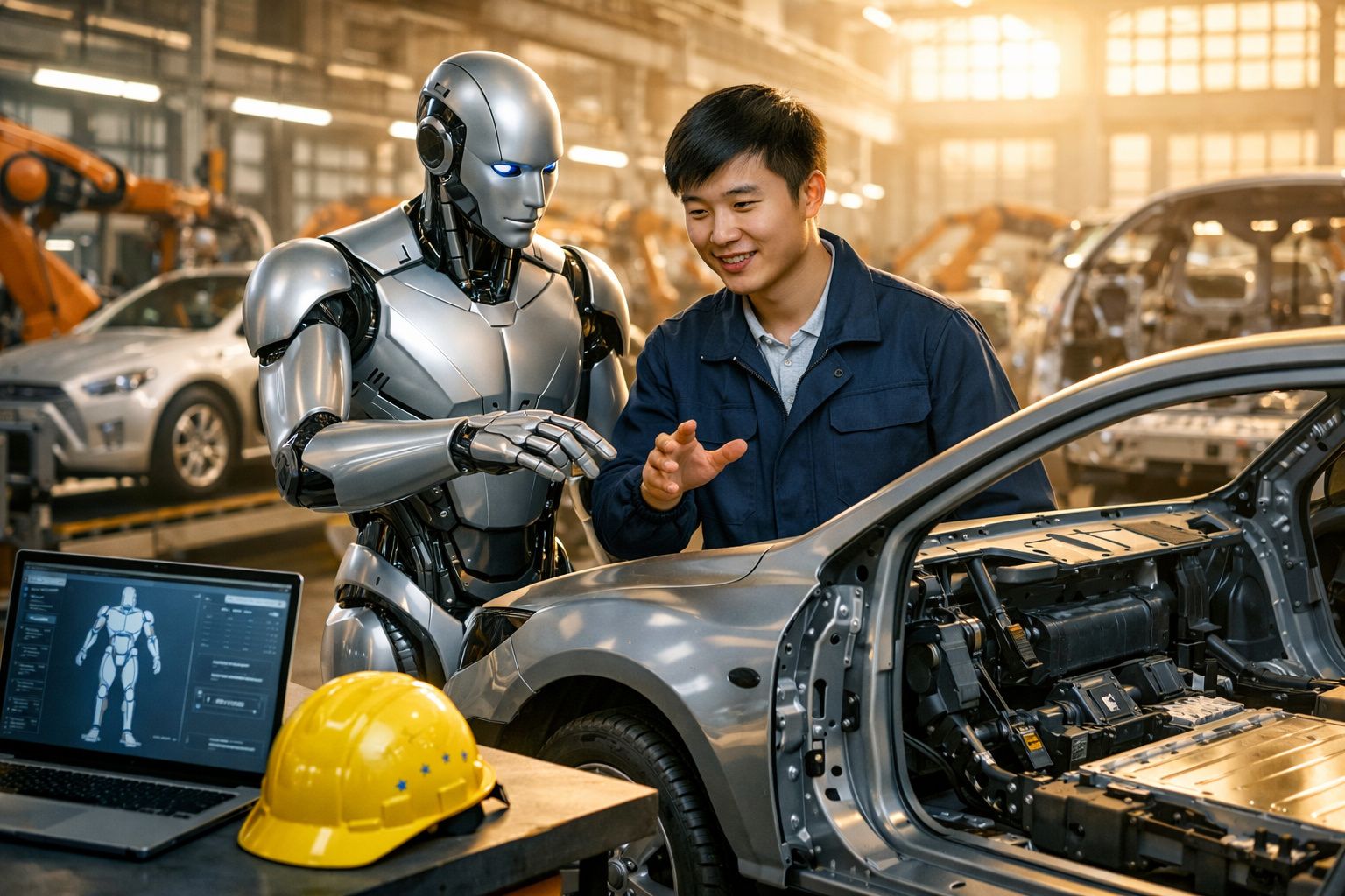 Engenheiro humano e robô colaboram na montagem de carro numa fábrica de automóveis moderna.