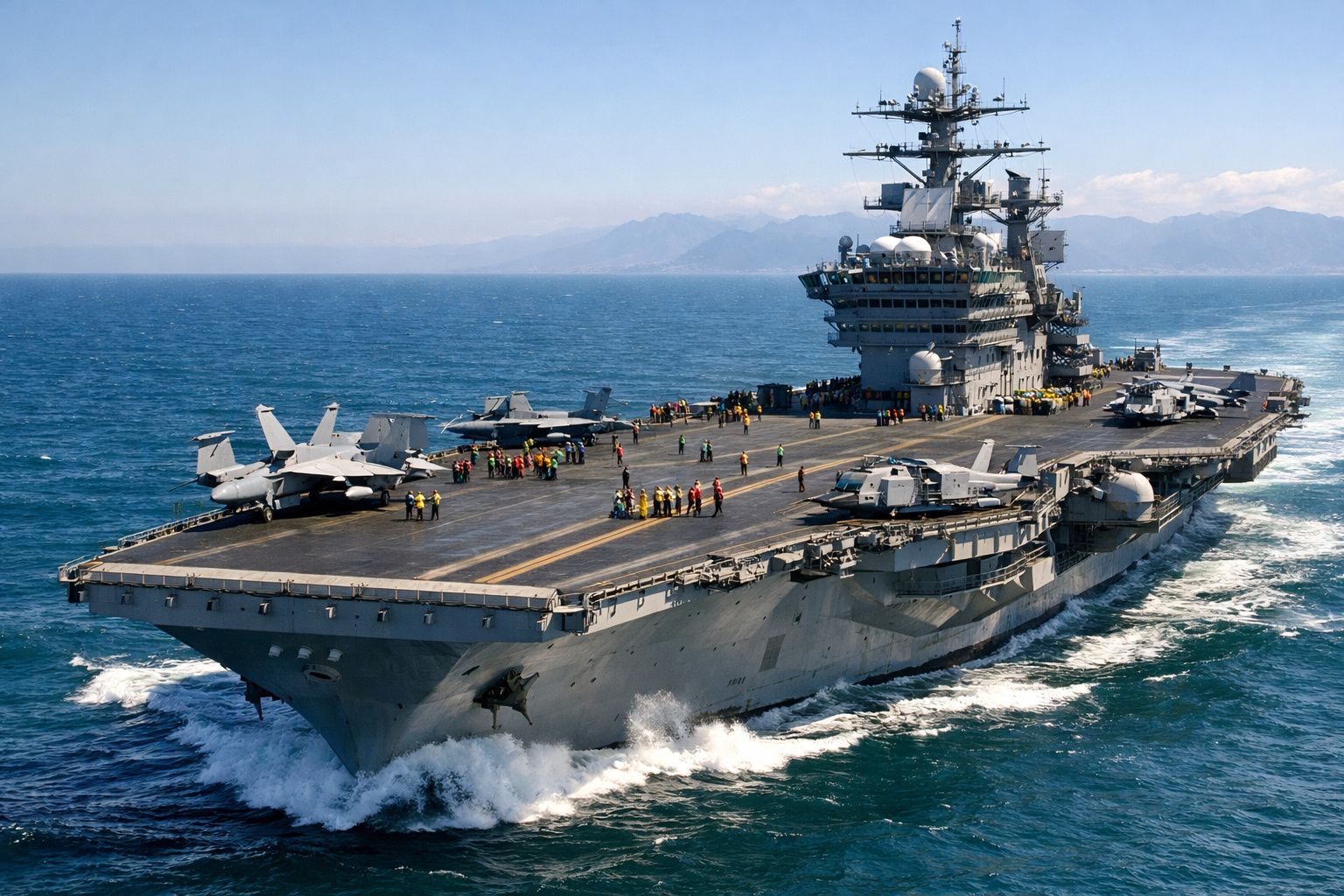 Porta-aviões da marinha com vários aviões e tripulantes no convés navegando em mar aberto.