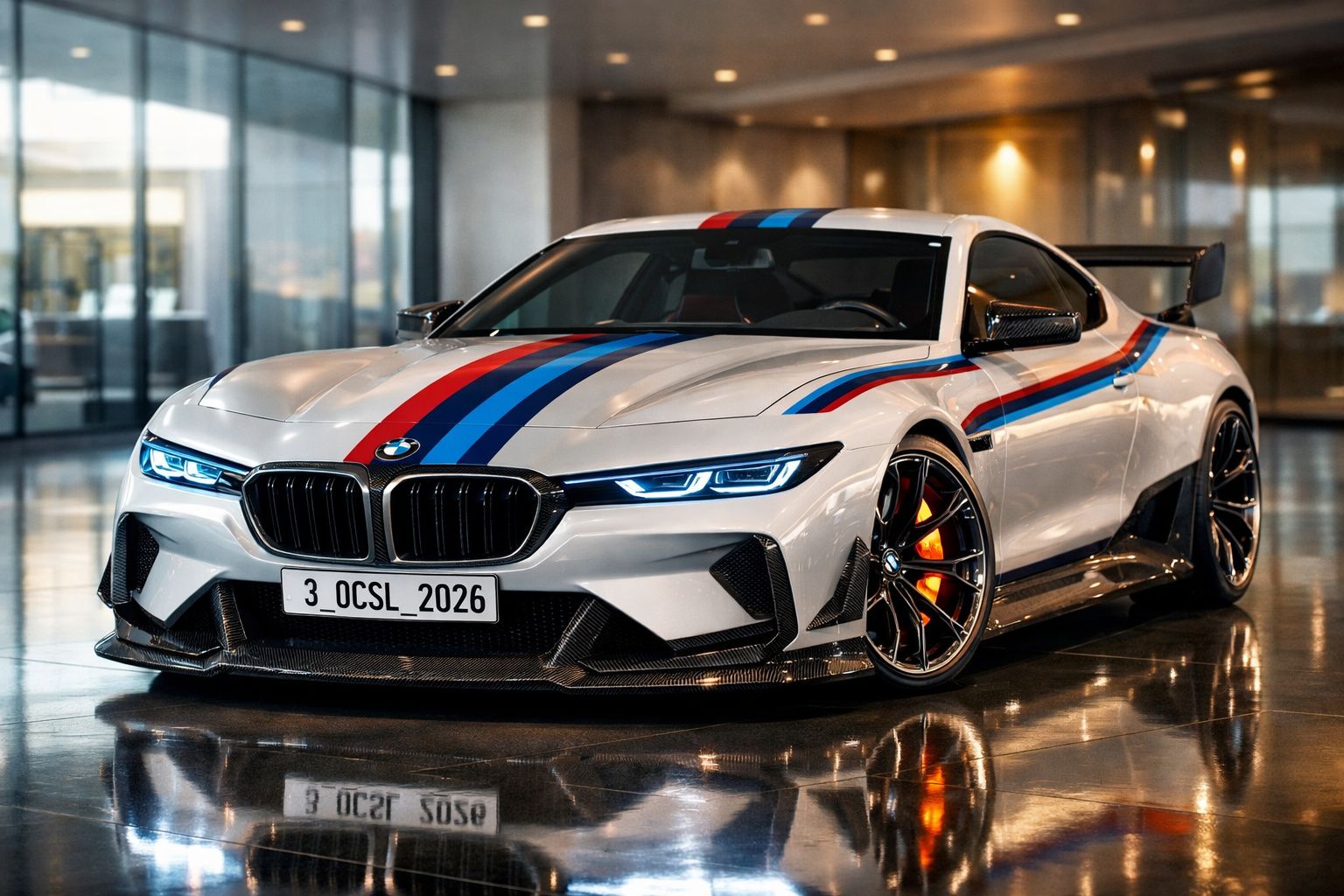 Carro desportivo BMW branco com riscas azul, vermelho e preto estacionado num piso interior brilhante.