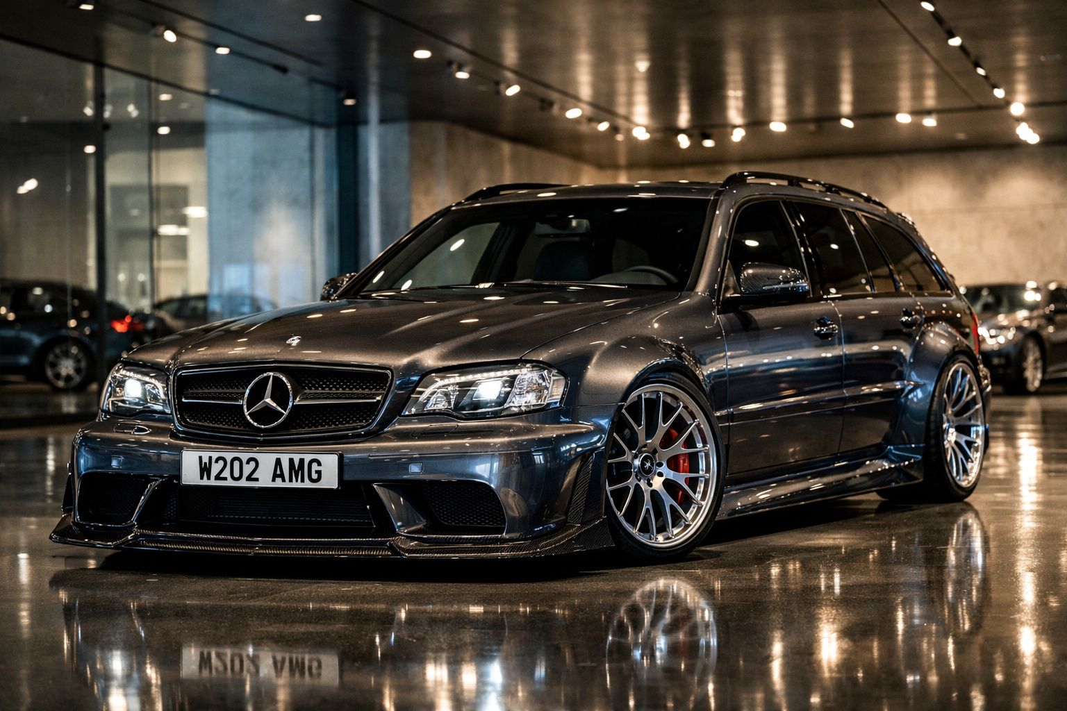 Carro Mercedes-Benz AMG W202 cinzento metálico com rodas desportivas em pavimento brilhante interior.