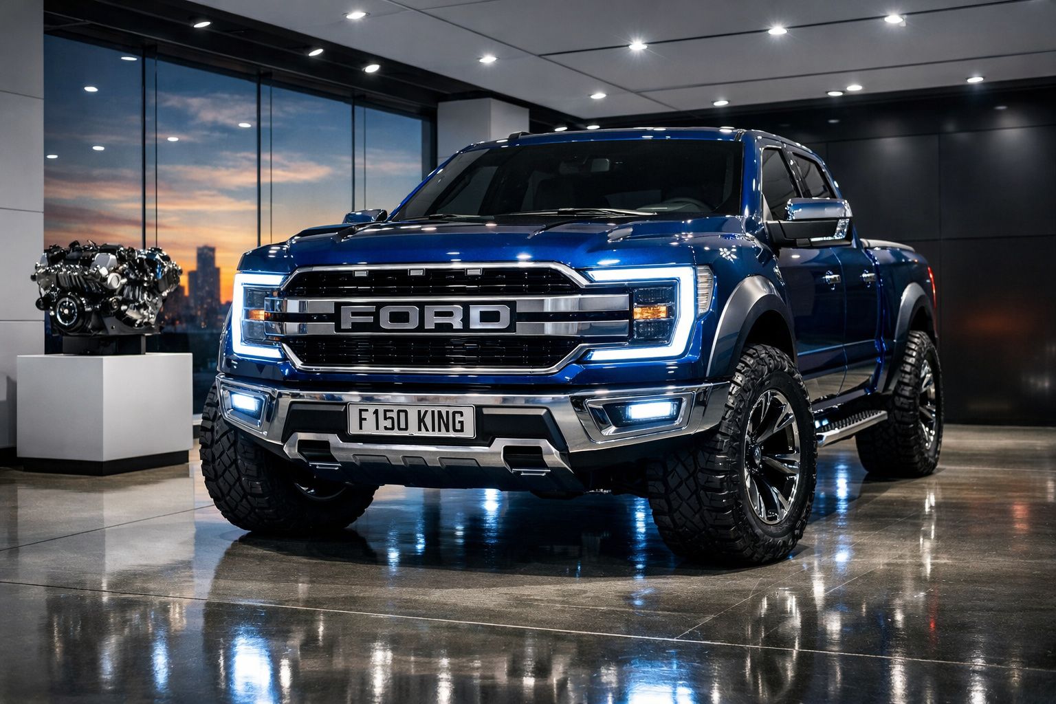Picape Ford F-150 King azul metálico exposta numa sala moderna com chão refletor e iluminação quente.