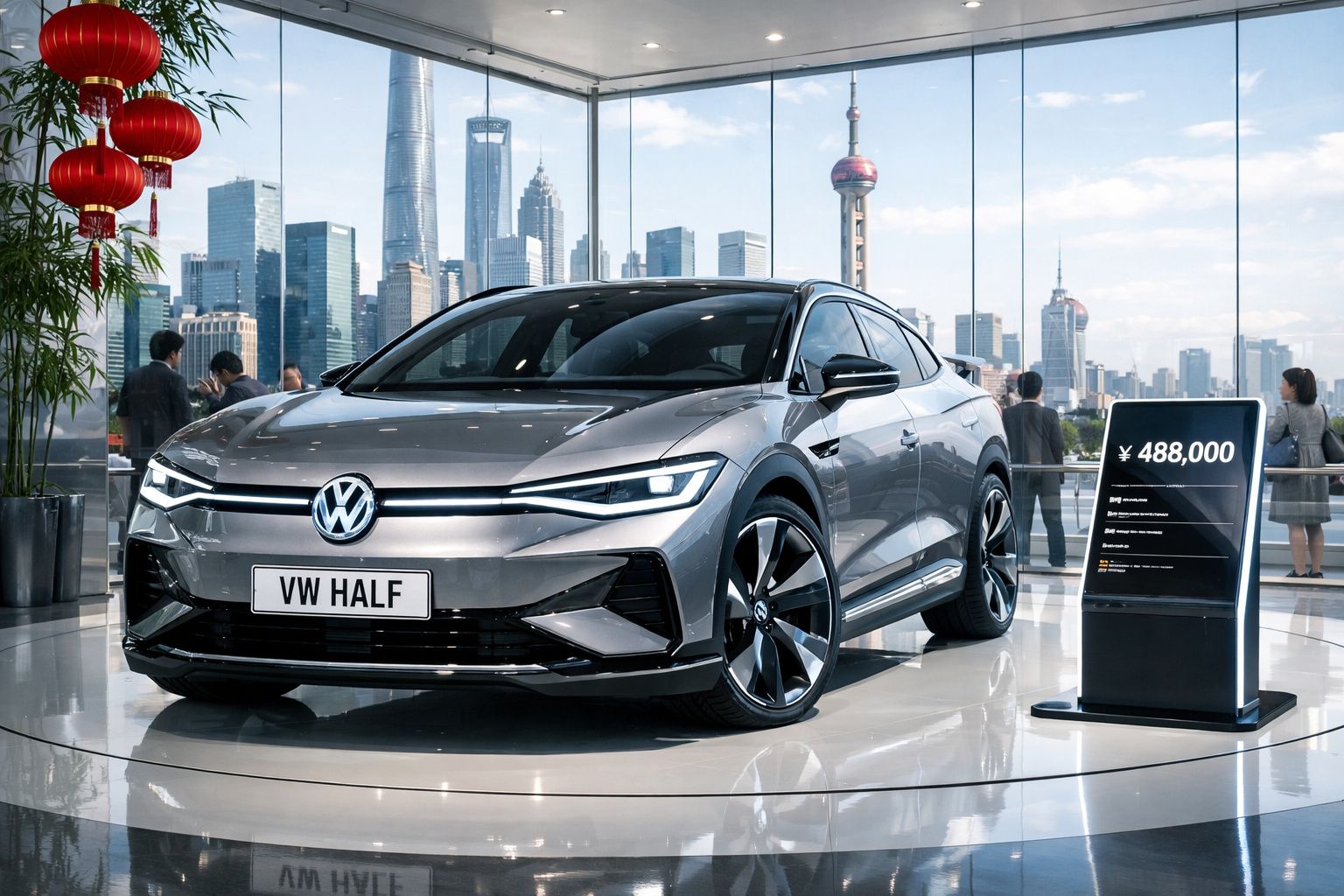 Carro elétrico Volkswagen cinza exposto numa sala moderna com vista para arranha-céus e preço em ienes.