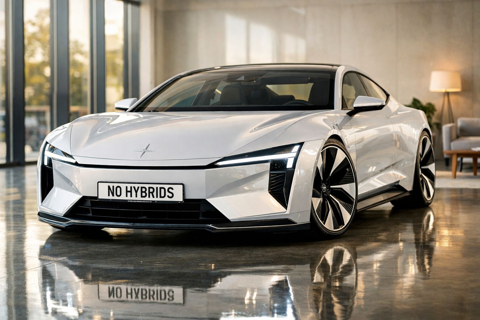 Carro elétrico branco Polestar 6 com design moderno e matrícula "NO HYBRIDS" num interior iluminado.