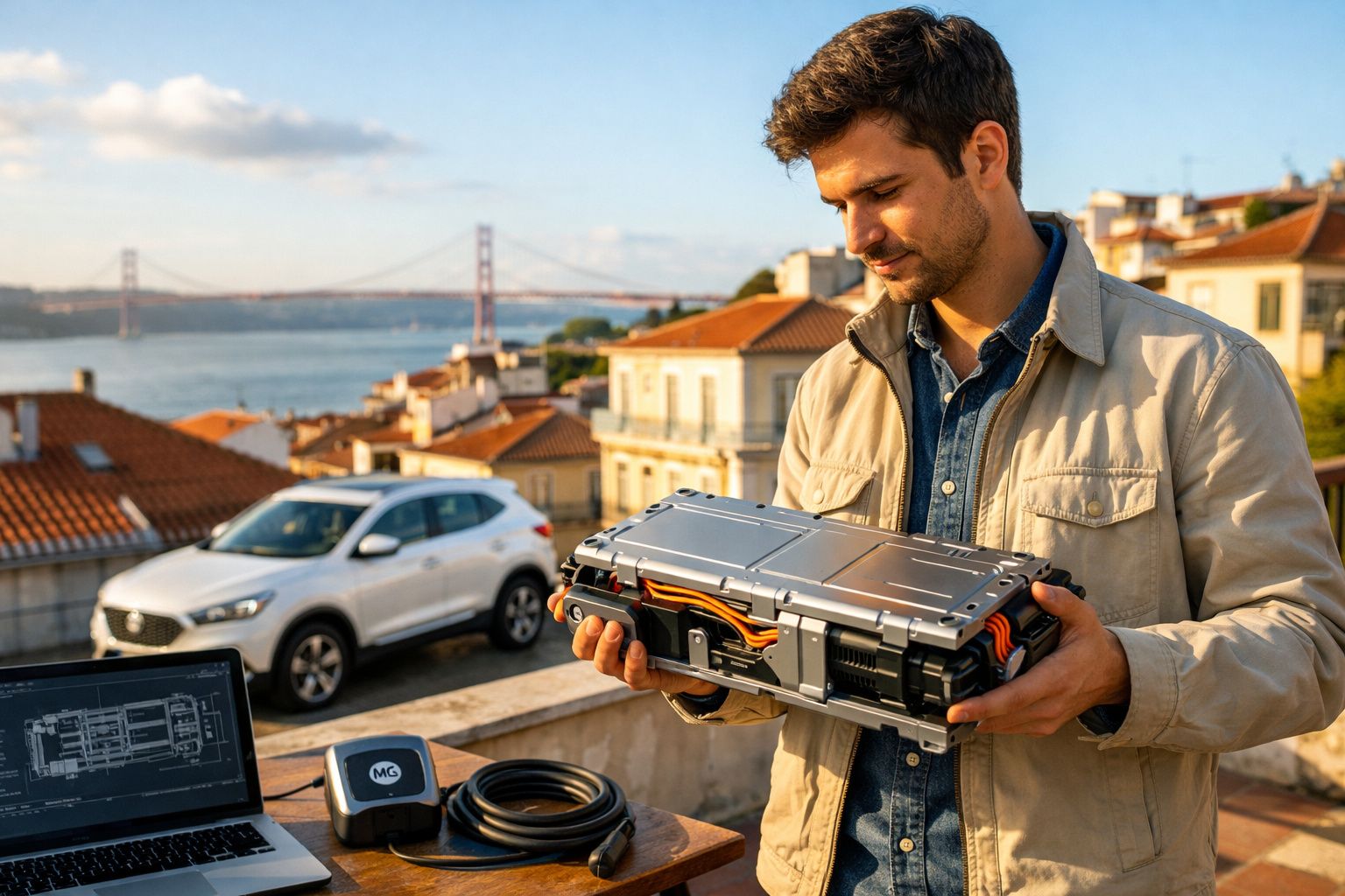 Homem segura bateria elétrica com carro e ponte sobre o rio ao fundo, ao ar livre, numa varanda.