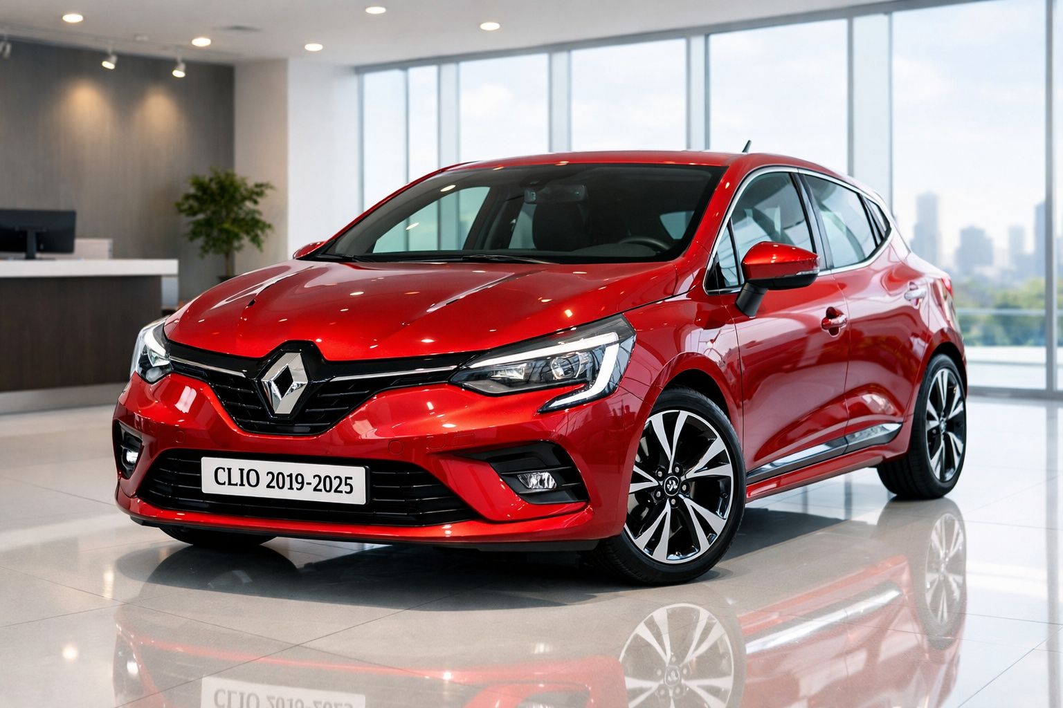 Carro Renault Clio vermelho modelo 2019-2025, visto numa exposição em interior moderno e iluminado.