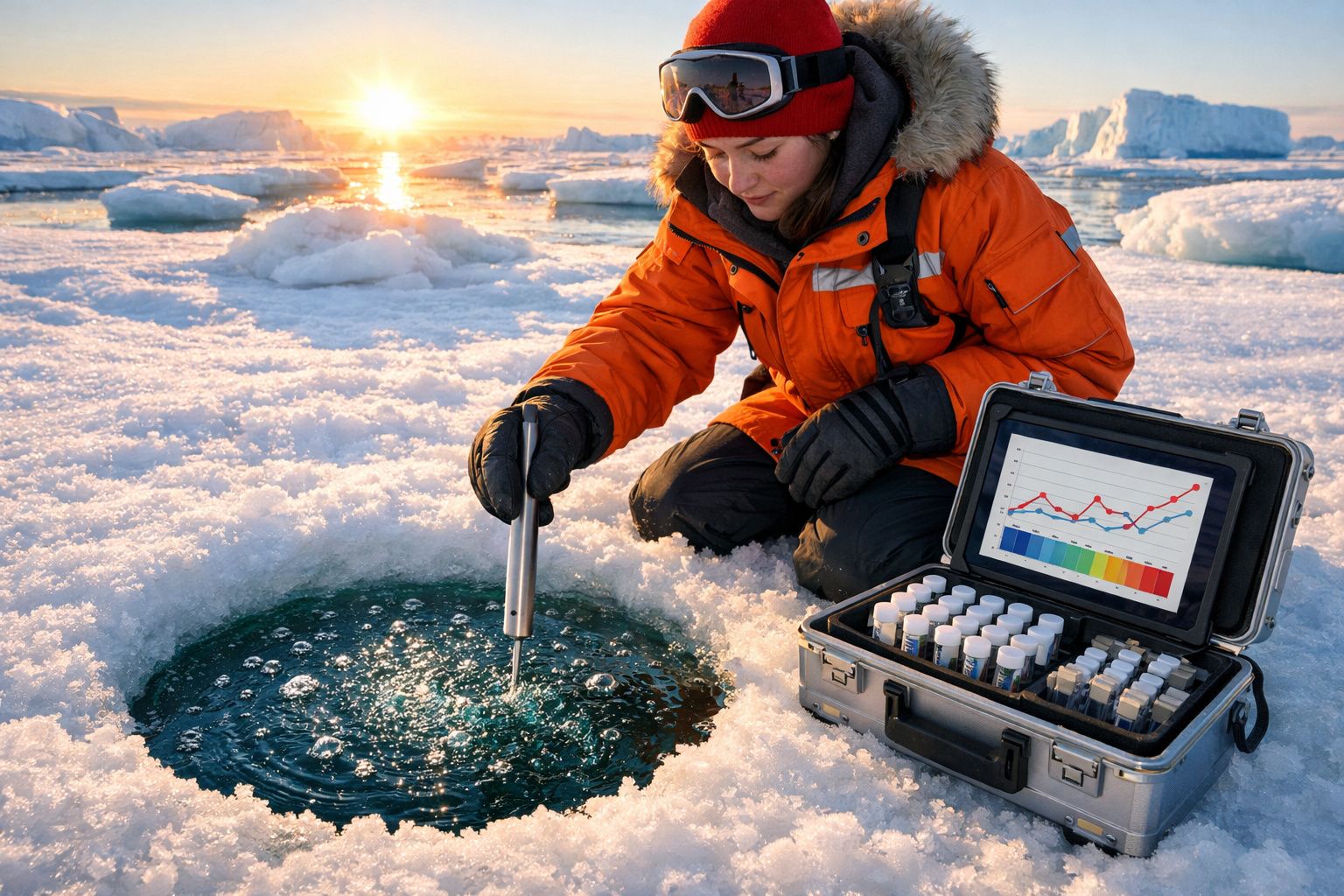 Cientista em roupa de inverno a recolher amostras de água num buraco no gelo no Ártico ao pôr do sol.