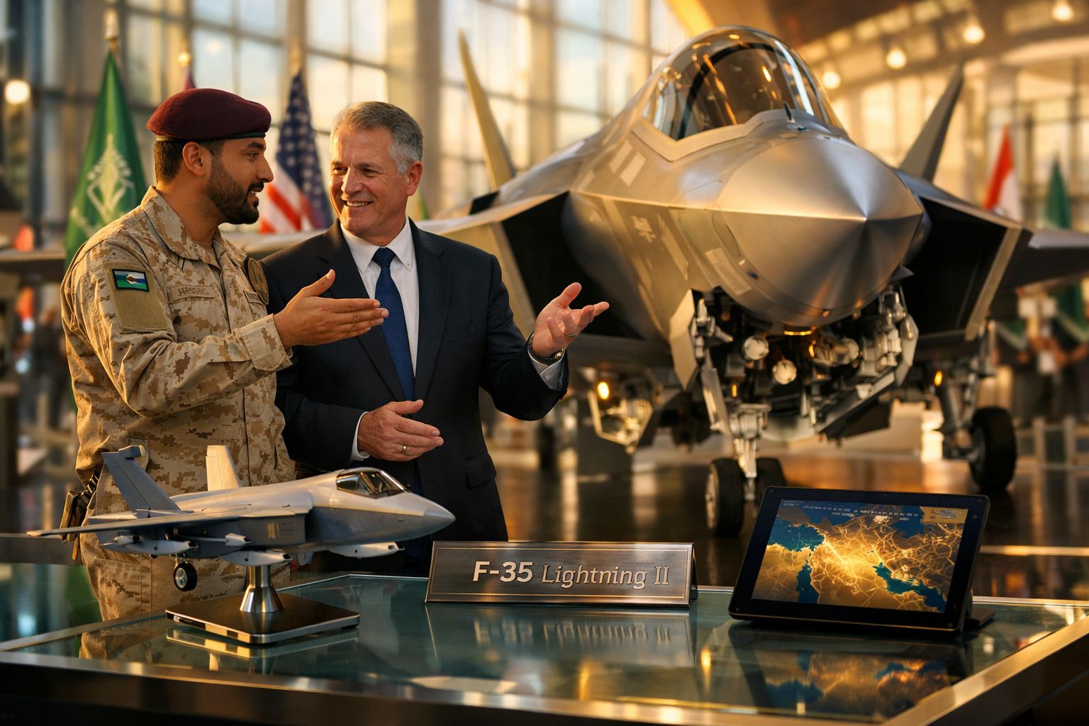 Homem militar e empresário conversam diante de modelo e avião F-35 Lightning II em exposição.