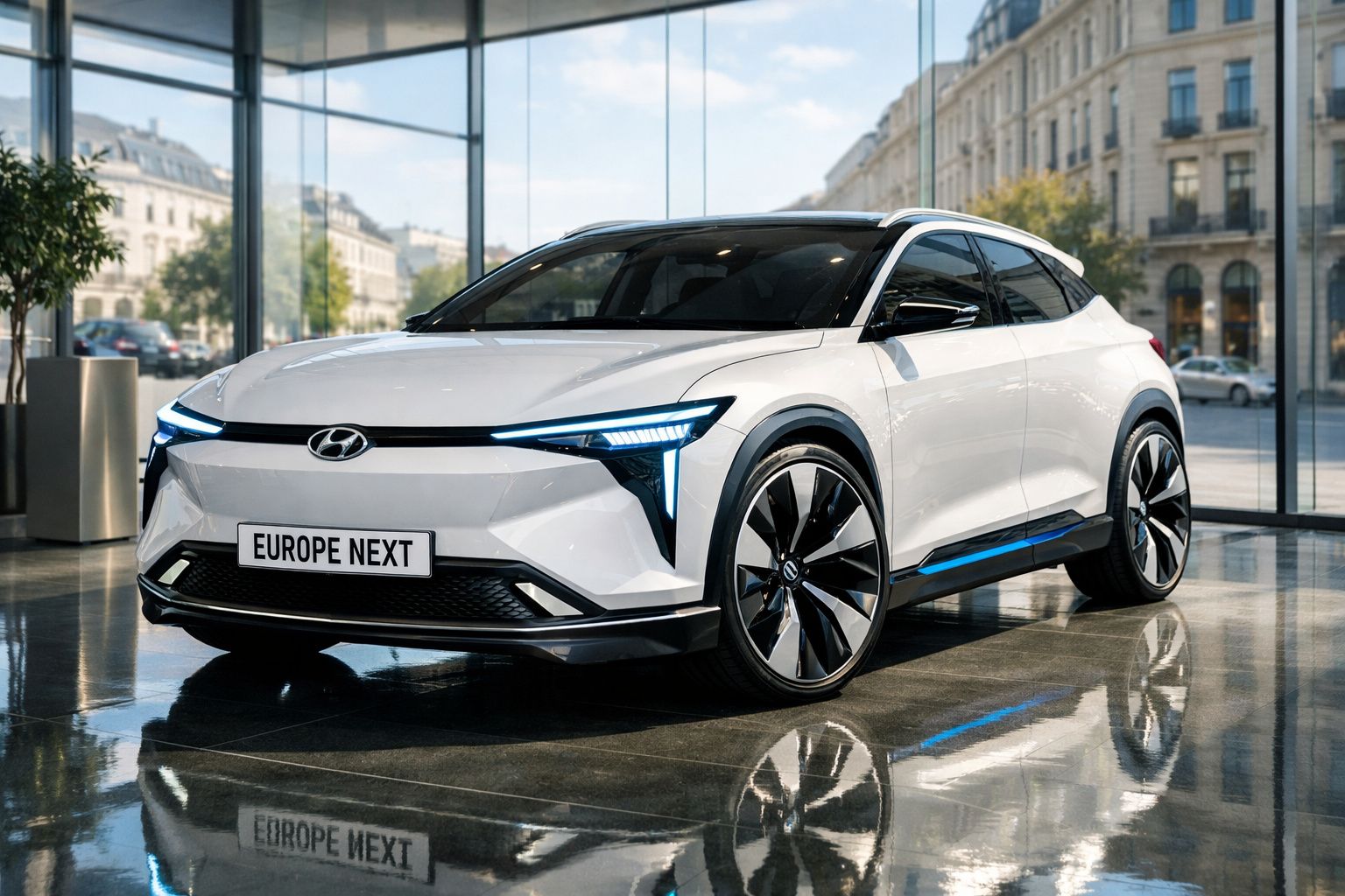 Carro elétrico branco Hyundai com design moderno exibido numa exposição urbana com vidro e reflexos no chão.