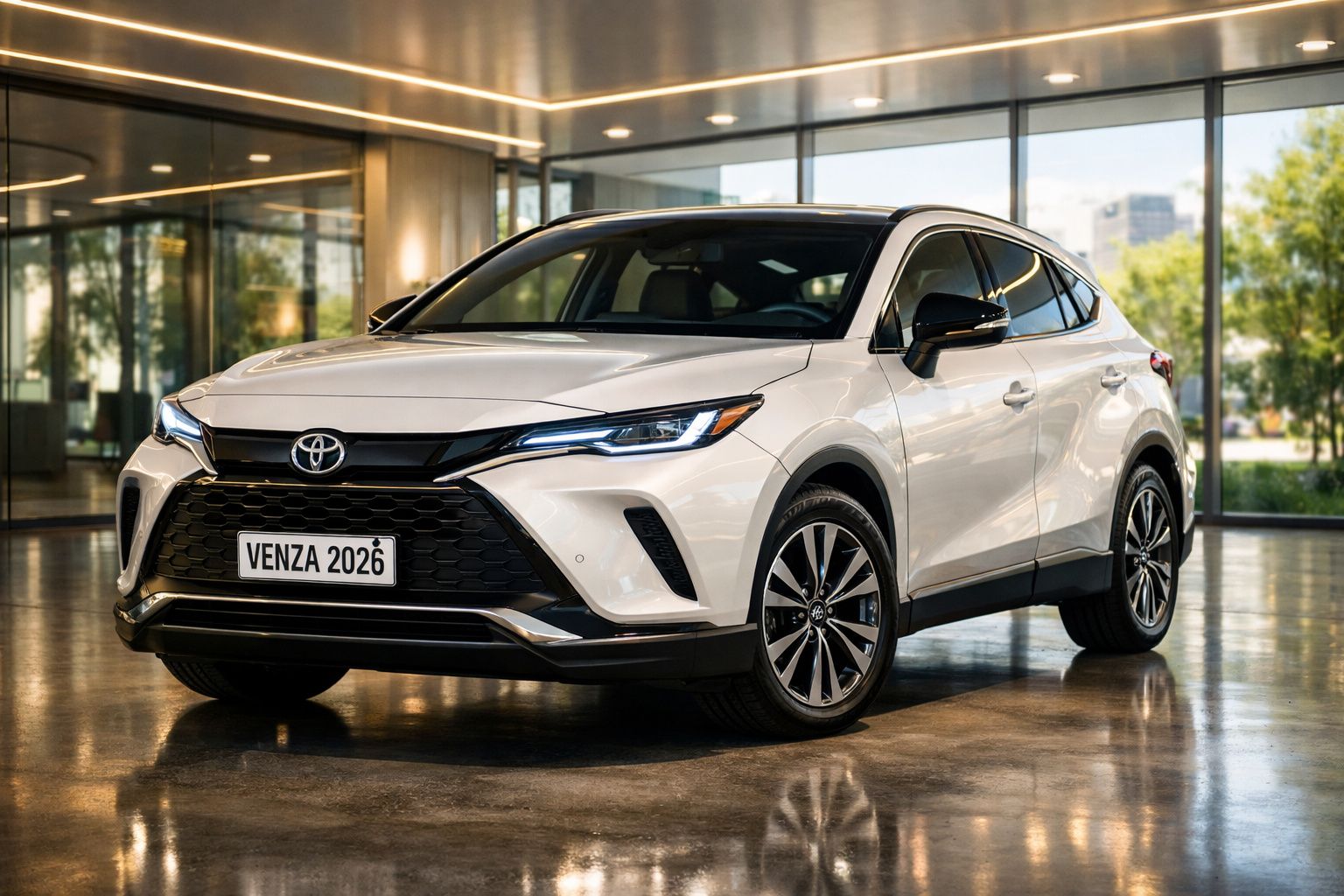 Automóvel Toyota Venza 2026 branco estacionado em espaço interior moderno com janelas amplas.