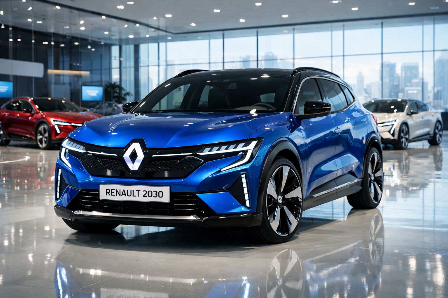 Carro elétrico Renault 2030 azul exposto em showroom moderno com outros veículos ao fundo.