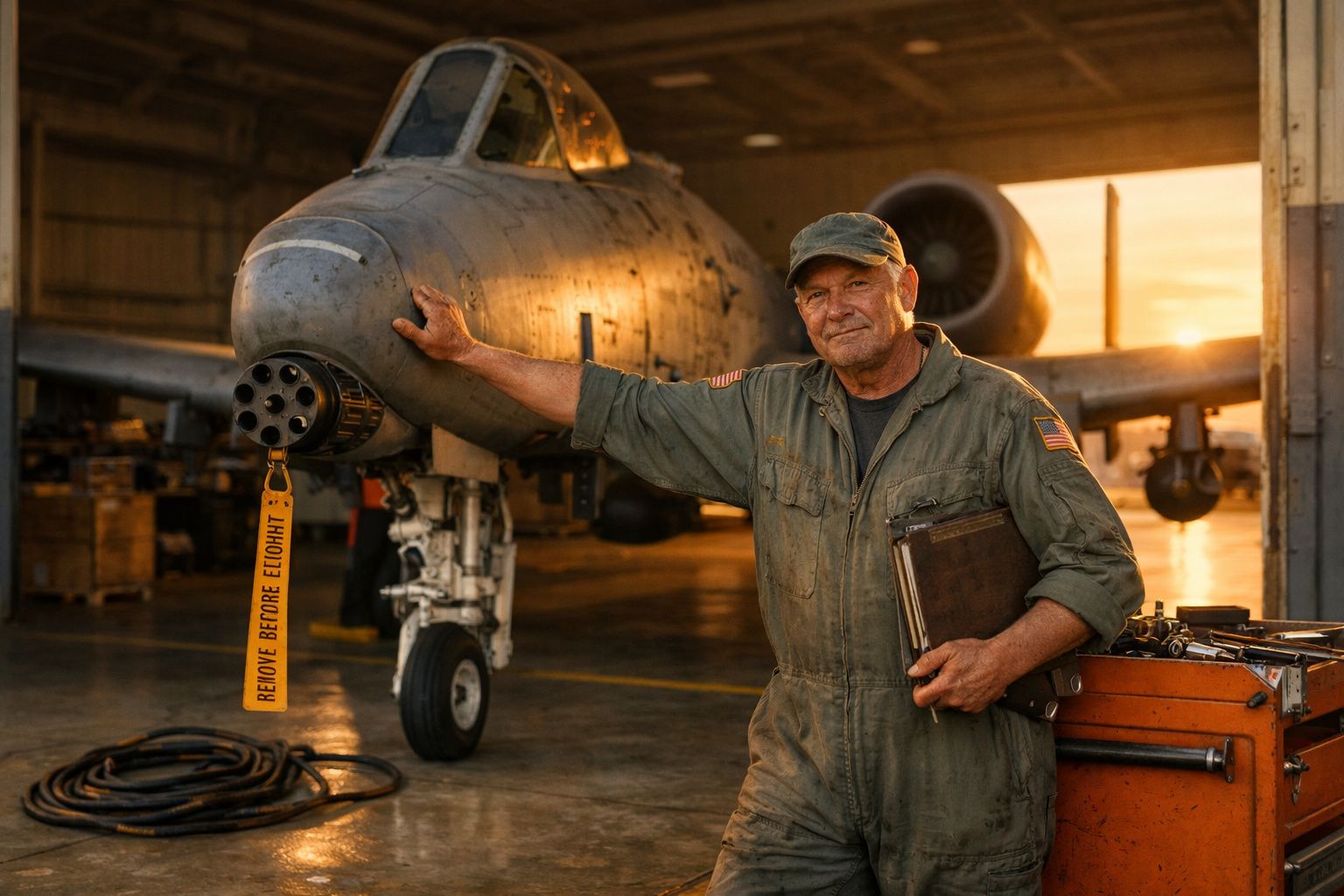 Homem veterano em macacão encostado numa aeronave antiga dentro de hangar durante pôr do sol.