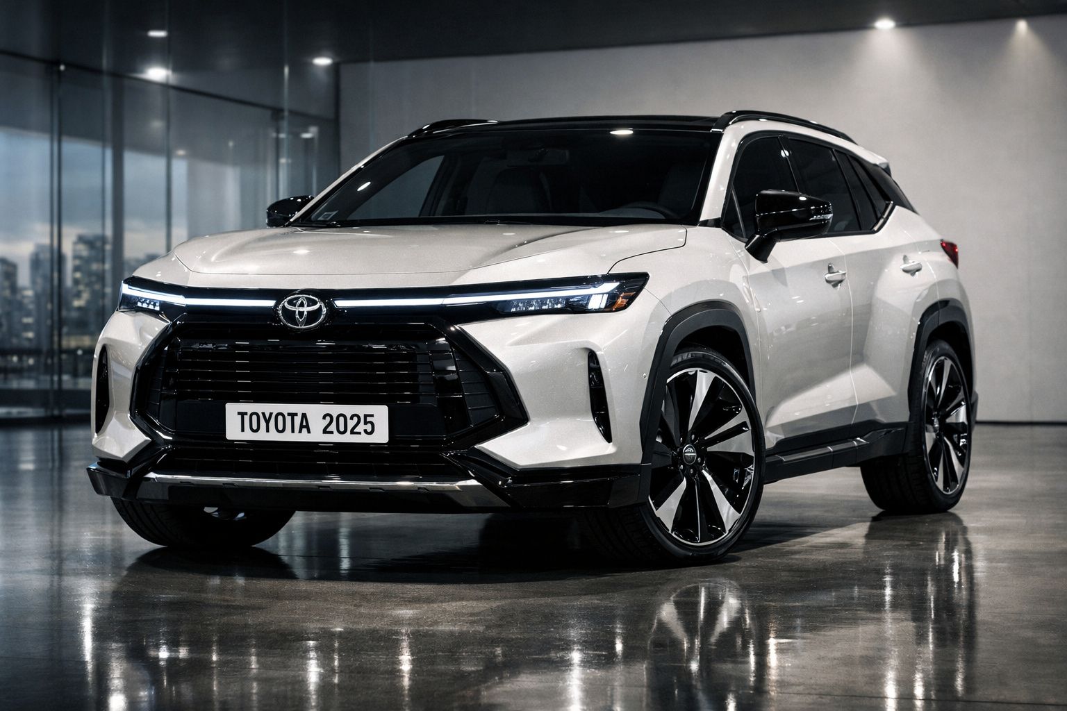Veículo Toyota SUV branco modelo 2025 em garagem moderna com piso brilhante.