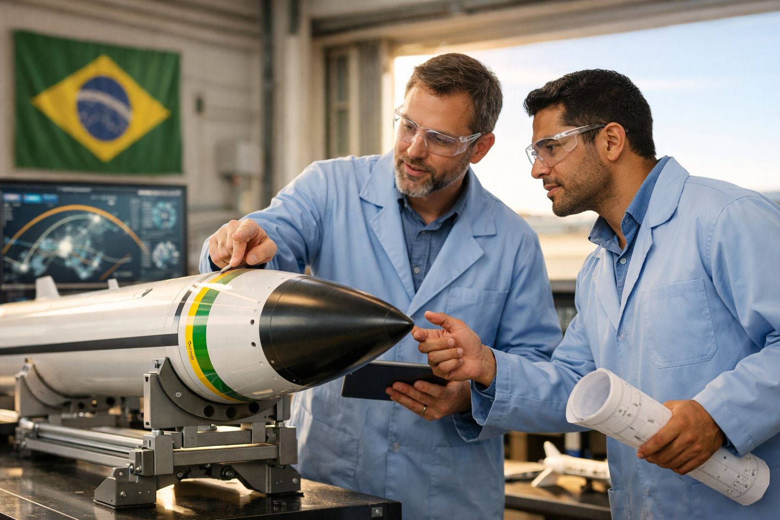 Dois engenheiros com bata azul e óculos de proteção analisam modelo de foguete com bandeira do Brasil no fundo.