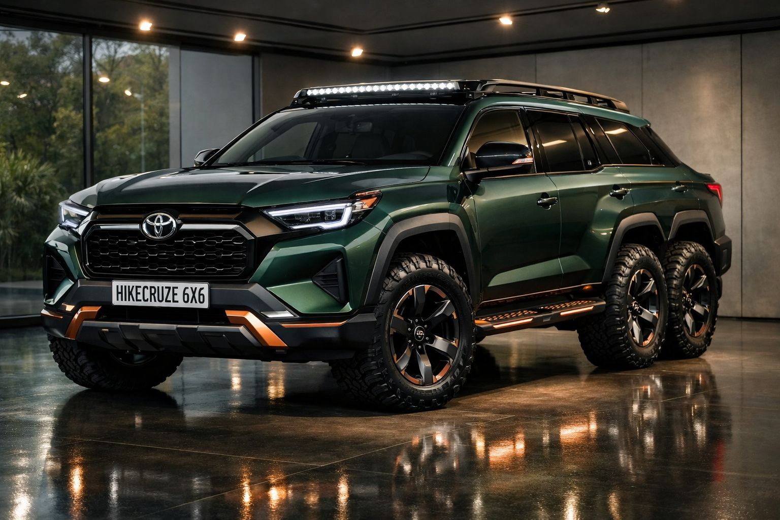 Carro SUV Toyota verde escuro 6x6 com seis rodas, luzes LED no tejadilho, em ambiente interior moderno.