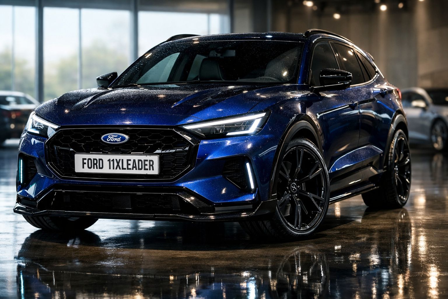 Carro SUV Ford azul metálico com matrícula personalizada "FORD 11XLEADER" em espaço fechado com piso brilhante.