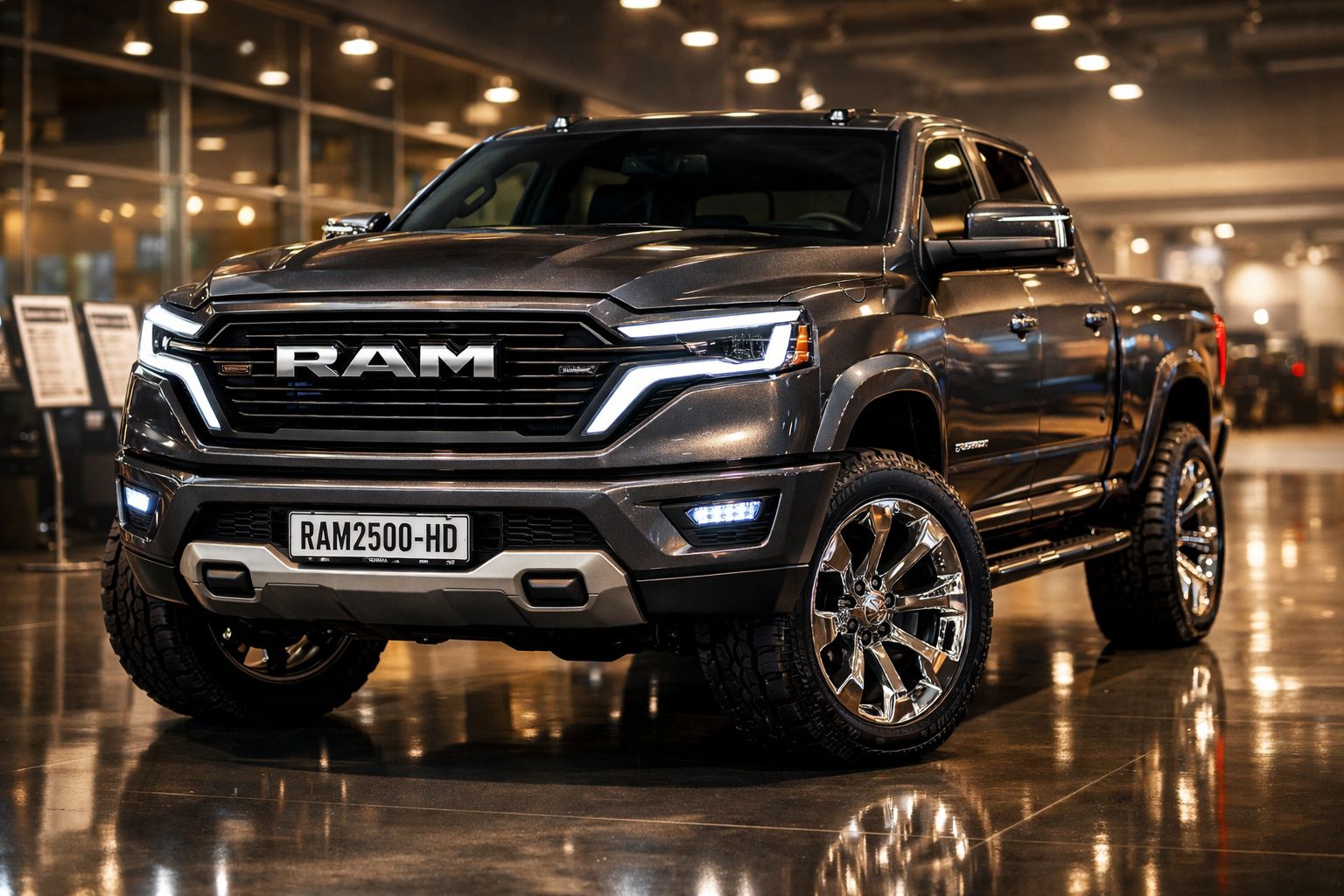 Pick-up preta RAM 2500 HD em ambiente interno com luzes LED acesas refletidas no chão.