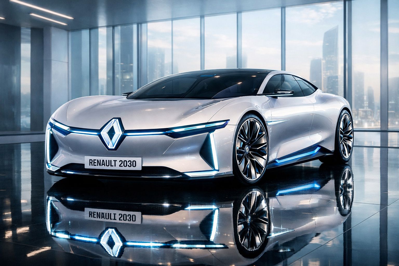 Carro conceito Renault 2030 elétrico com design futurista e linhas aerodinâmicas em salão moderno.