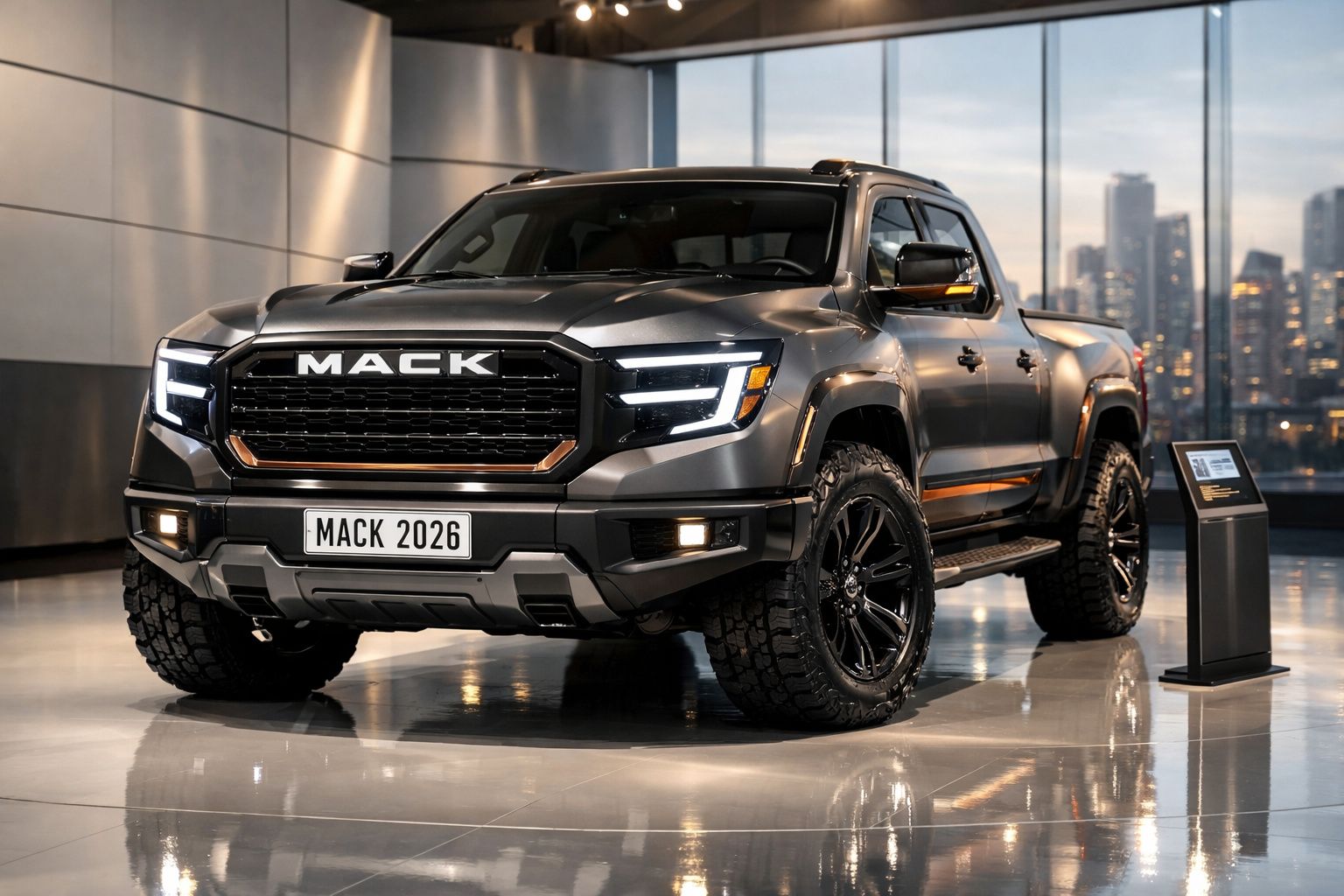 Pick-up preta Mack 2026 em exposição num espaço moderno com skyline ao fundo.