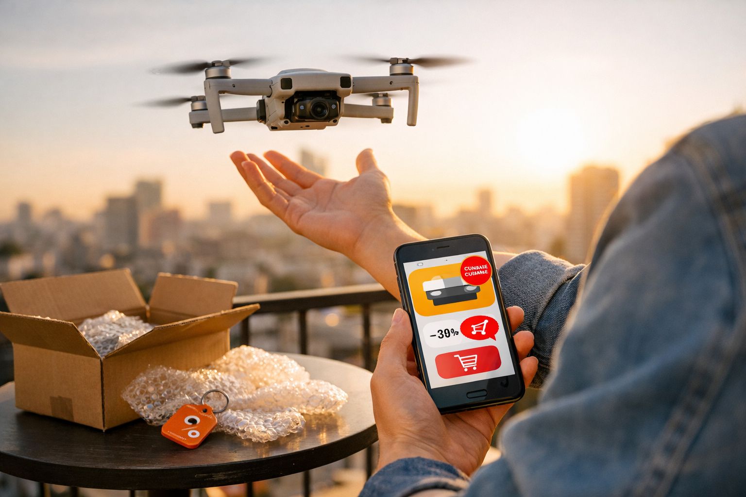 Pessoa a controlar drone com smartphone num terraço ao pôr do sol, com caixa e plástico bolha numa mesa.