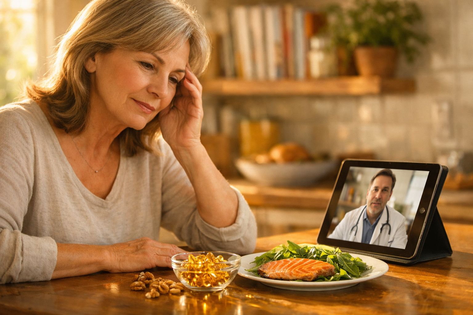 Mulher sénior a fazer consulta médica virtual em casa, sentada à mesa com comida saudável e suplementos.