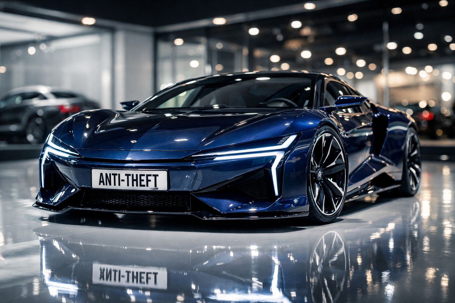 Carro desportivo azul escuro com design futurista estacionado em garagem moderna e iluminação ambiente.